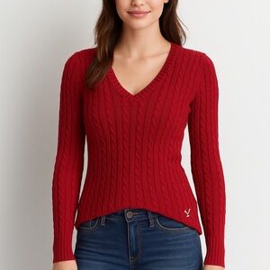 American Eagle Outfitters Deep Cherry Red V-Neck Cable knit Sweater Y2K
